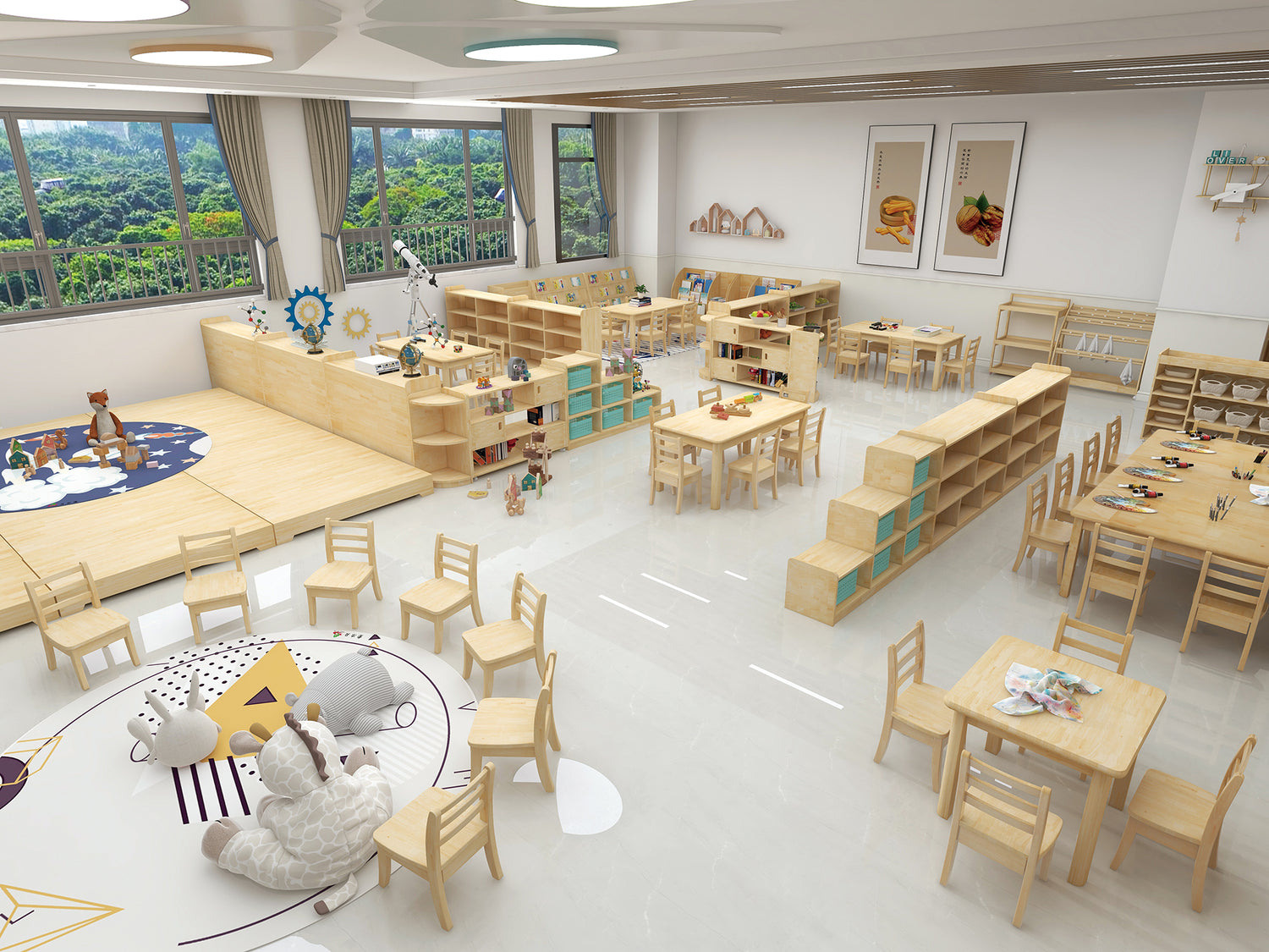 Wooden daycare furniture arranged in a bright learning room
